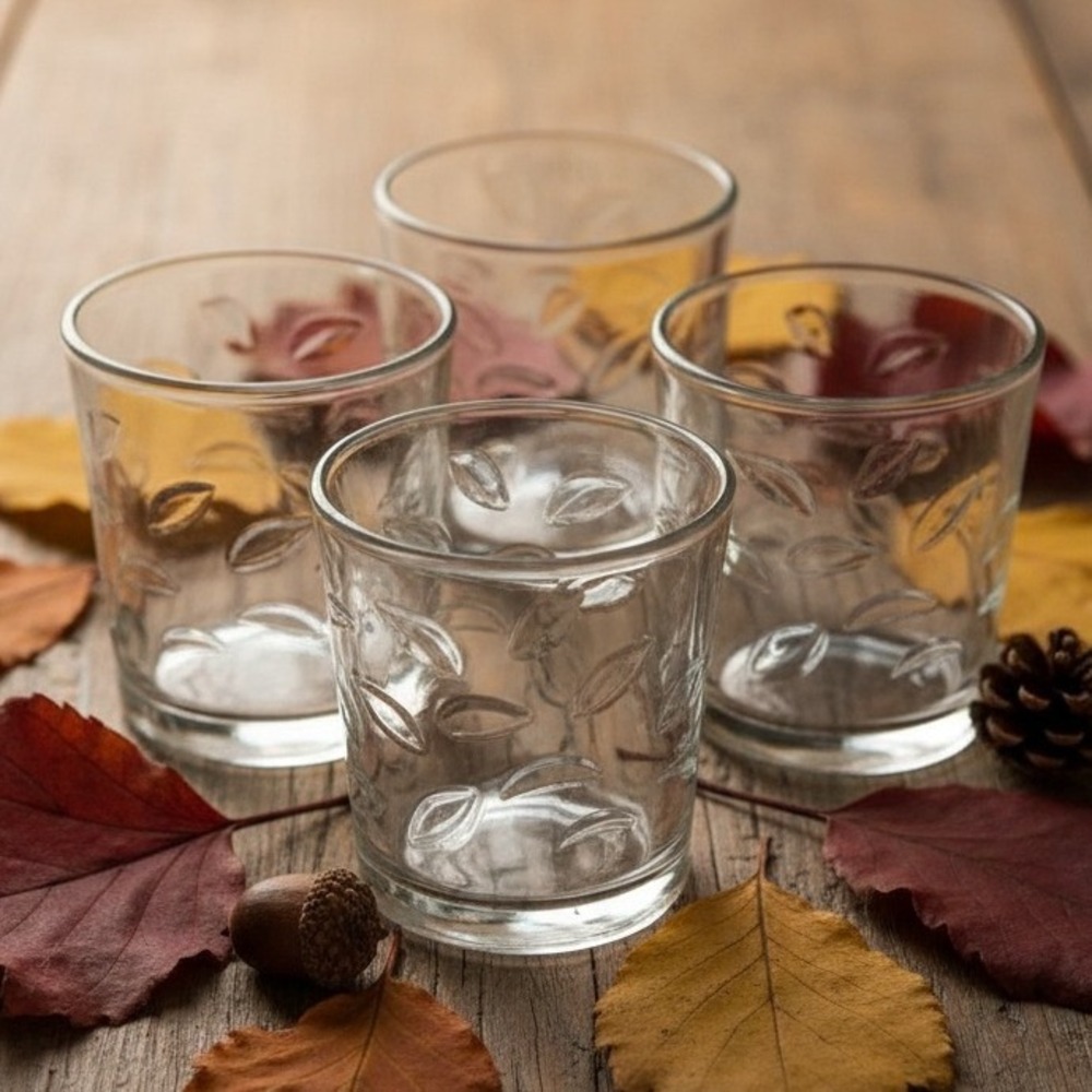 Libbey Embossed Leaves Lowball Glasses, Set Of 4, Vintage Tumblers,‎ Drinkware